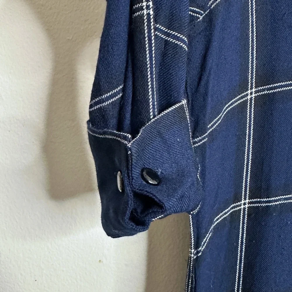 Anne Fontaine Button Down Shirt Daya Navy Blue Windowpane Plaid Viscose 42 US 10